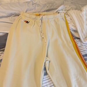 Aviator Nation Cream Joggers with Orange and Yellow Stripes